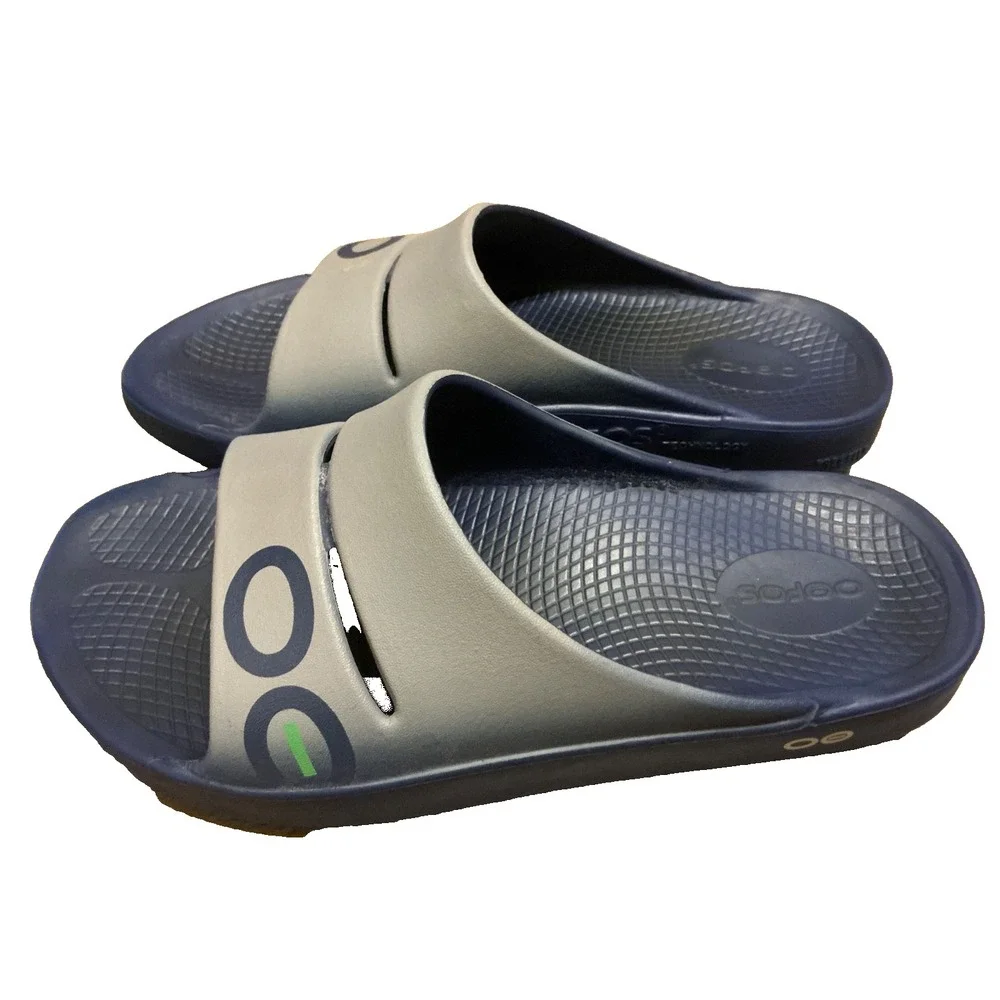 Oofos OOahh Sport Slide Sandal Navy Blue Slate Slip On Comfort Shoes Sz M8 W10